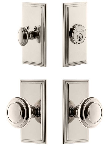 Grandeur Carre Entry Door Set, Keyed Alike with Circulaire Knobs in Polished Nickel.
